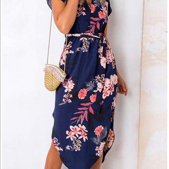 VNeck Floral Print Side Slit Midi Dress - Picture 2 of 3